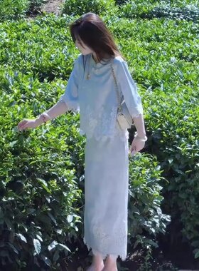 夏季穿搭微胖mm轻奢高级感新中式国风蓝色衬衫半身裙套装女