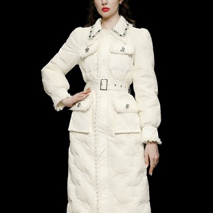 冬装新款女装米色泡泡袖中长款白鸭绒羽绒服加厚中长款收腰过膝