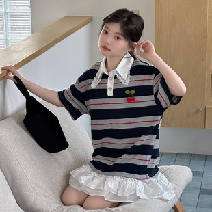 跨境女童夏装裙子2026新款儿童纯棉短袖polo裙中大童条纹连衣裙潮