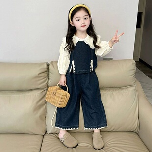 2026春季新款女童时髦翻领衬衫套装中小童洋气百搭牛仔马甲休闲裤