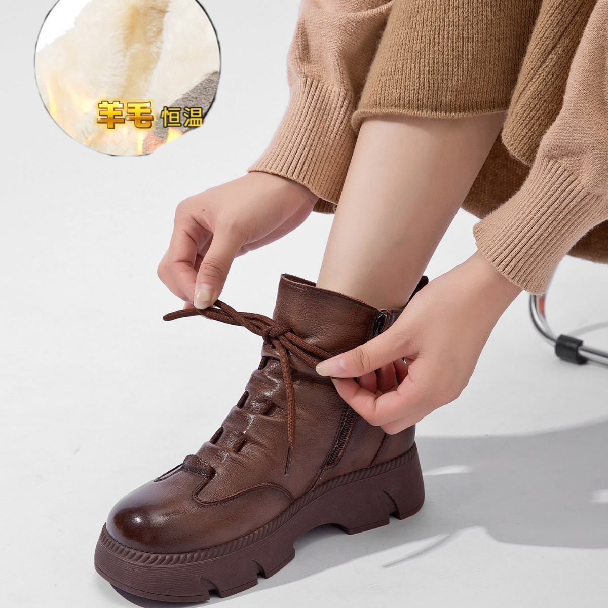 2025秋冬新款复古手工真皮厚底短靴圆头松糕系带羊毛马丁靴女