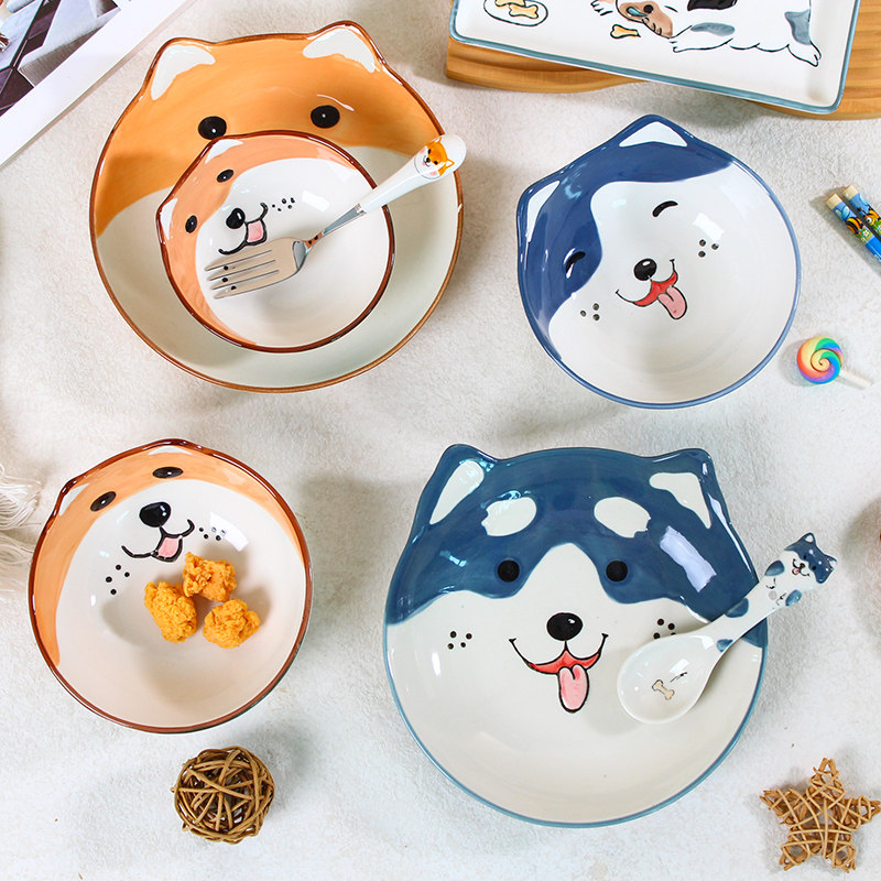 可爱创意柴犬小狗造型陶瓷餐具 釉下彩家用饭碗盘子套装儿童碗盘