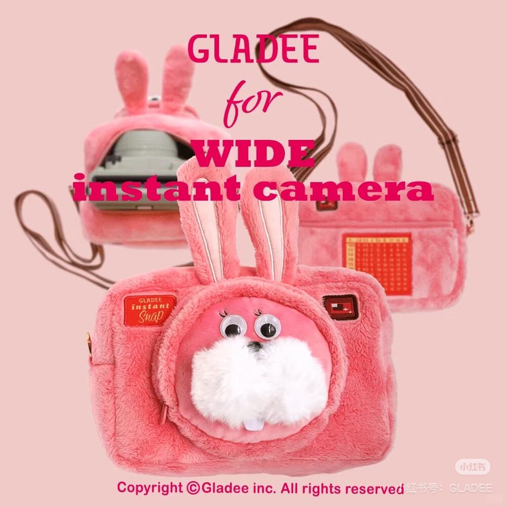 GLADEE粉红兔子草莓汉堡饼干拍立得相机包毛绒手机斜挎包收纳包