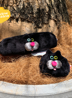 GLADEE正版新款毛绒耐脏耳机包笔包文具袋可爱黑色猫咪黑猫笔袋