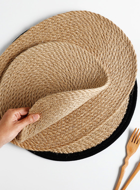 全亚麻草编圆形加厚隔热垫餐桌垫防烫餐垫碗垫子家用杯垫盘垫锅垫