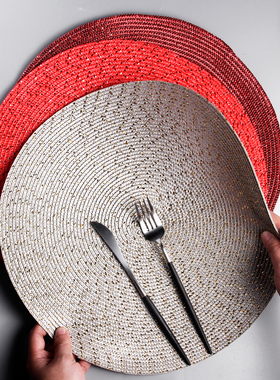 美式金银红色质感PP编织圆形餐垫盘垫餐桌垫节日垫子西餐垫隔热垫