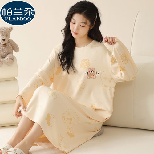 睡裙女秋季长袖纯棉卡通休闲长款