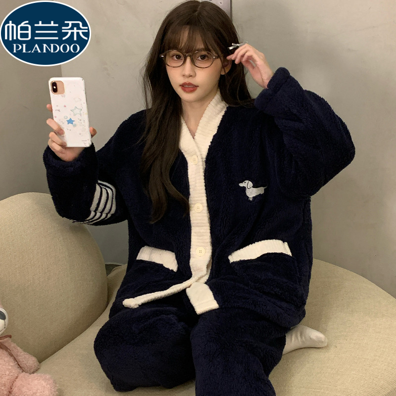 法兰绒睡衣女可外穿秋冬季2025新款珊瑚绒加厚开衫休闲套装家居服