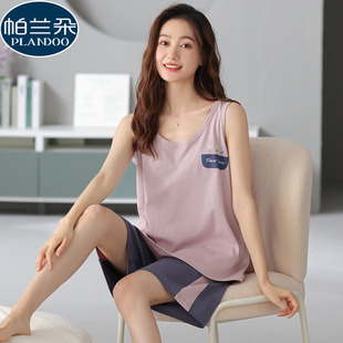 睡衣女士纯棉薄款 两件套装 夏季 背心短裤 可外穿夏天家居服 无袖 大码