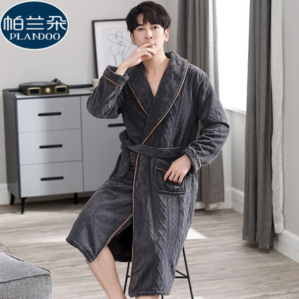 睡袍男士秋冬季珊瑚绒加绒加厚保暖男款浴袍大码中长款休闲睡衣