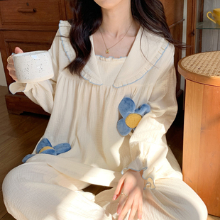 方领套头舒适家居服套装 长袖 双层纱布女士薄款 日系睡衣纯棉春秋季