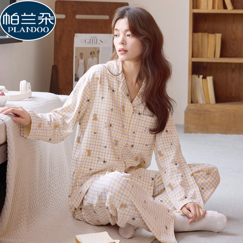 纯棉秋季睡衣女款长袖开衫2025新款卡通格子可外穿家居服休闲套装