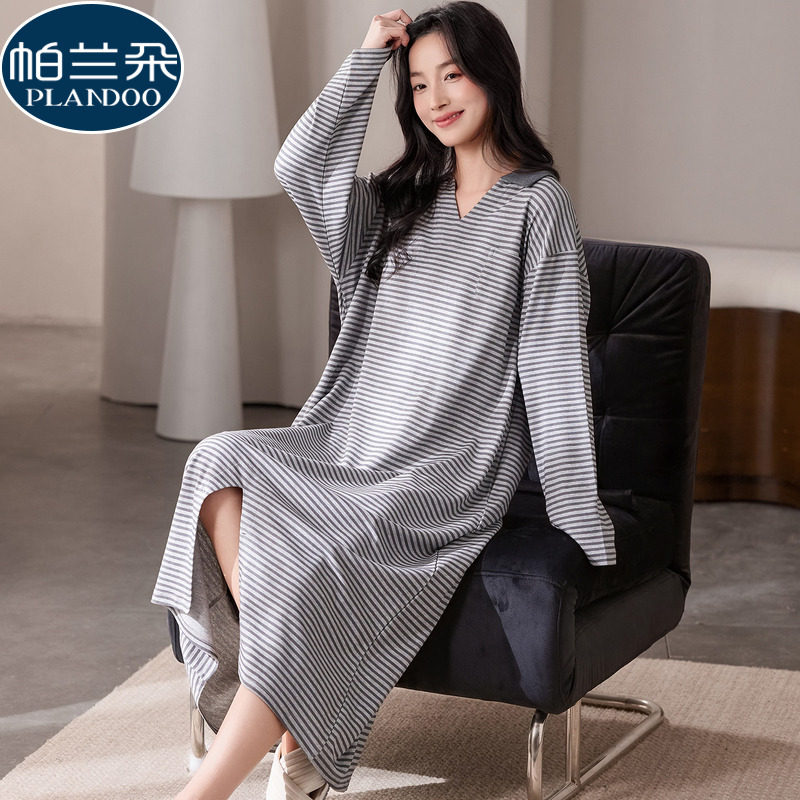 100%纯棉睡裙女士春秋季长袖V领条纹休闲开叉中长款睡衣裙家居服