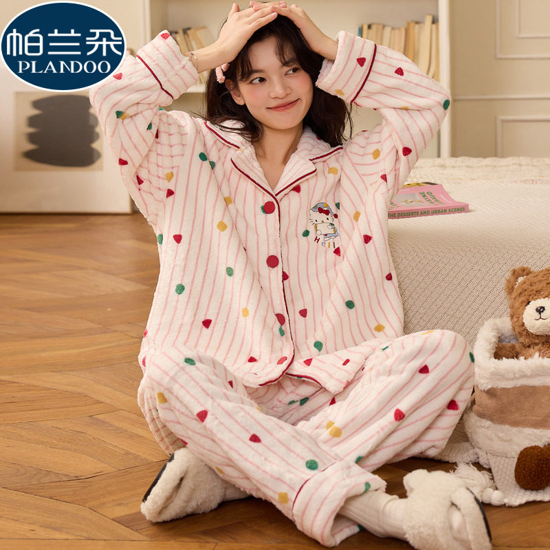 珊瑚绒睡衣女款秋冬季加绒加厚法兰绒2025新款开衫可爱家居服套装