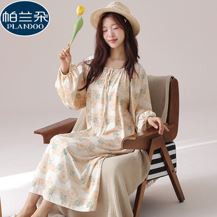 女士春秋季睡裙2026新款长袖田园风中长款纯棉睡衣连衣裙可外穿