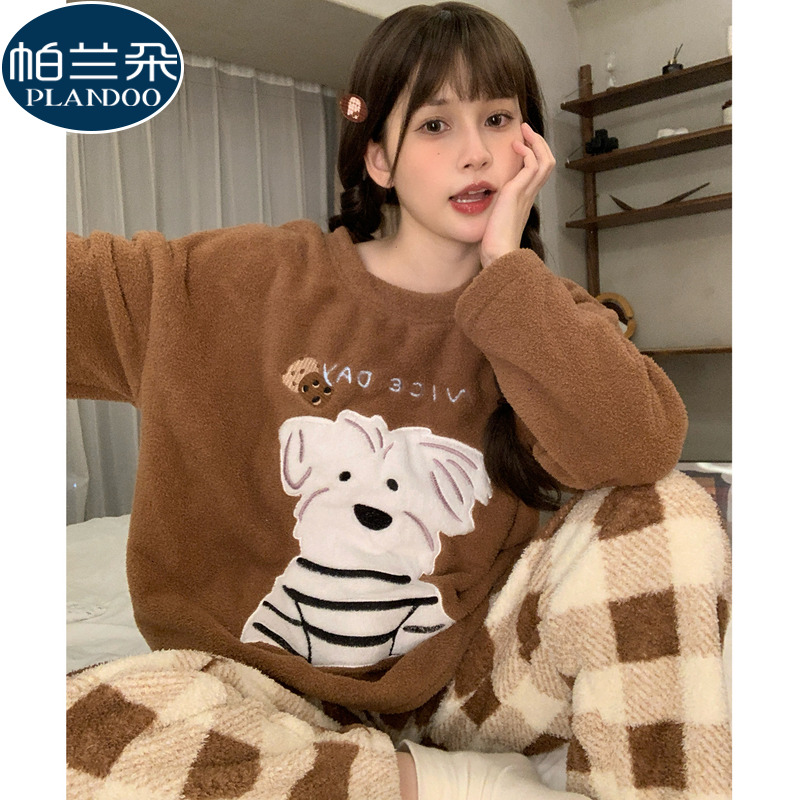 2025超火珊瑚绒加厚睡衣女款秋冬季半边绒保暖格子休闲小狗家居服