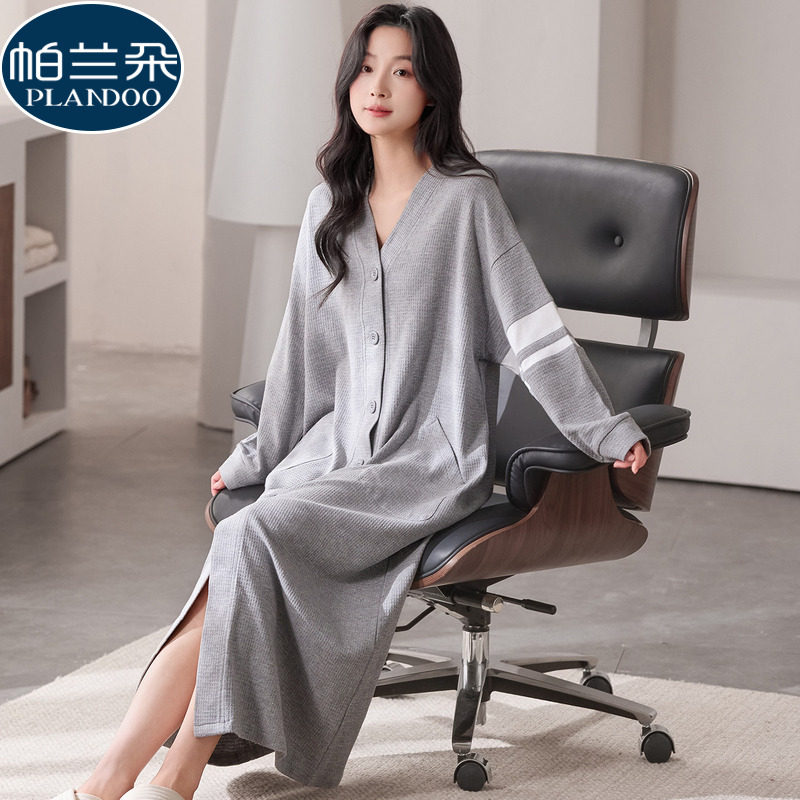 2026新款网红风睡裙女士春秋季100%纯棉长袖开衫华夫格睡衣连衣裙