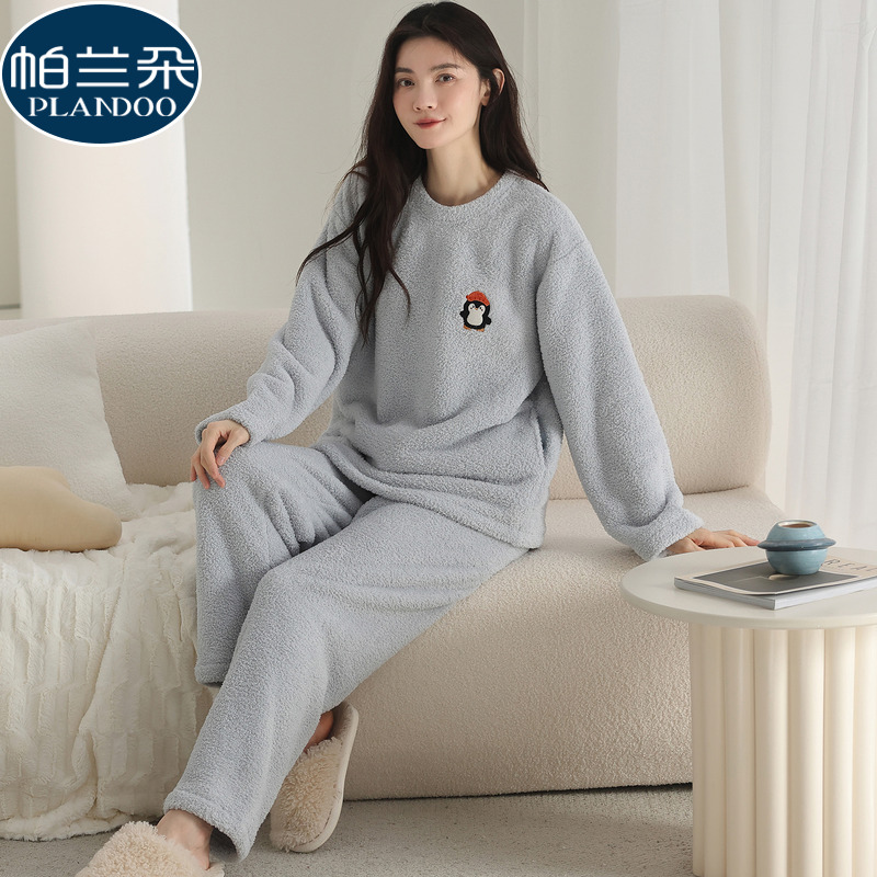 珊瑚绒睡衣女款秋冬季加厚保暖长袖套头半边绒2025新款家居服套装