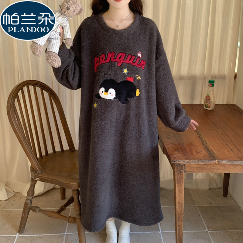 睡裙女2025新款今年流行爆款半边绒秋冬季加厚珊瑚绒连衣裙家居服