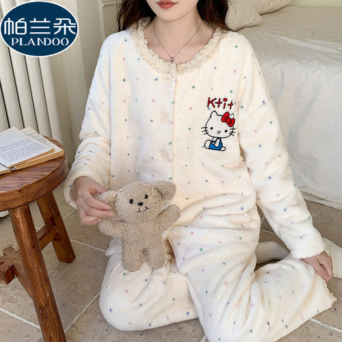 2025新款法兰绒睡衣女款秋冬季珊瑚绒加厚开衫可爱卡通波点家居服