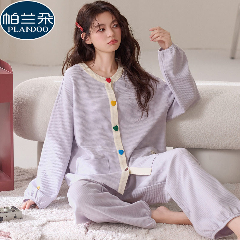 100%全棉睡衣女款春秋季纯棉长袖开衫圆领紫色简约休闲家居服套装