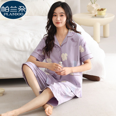 夏季睡衣女款纯棉短袖七分裤开衫夏天薄款大码甜美卡通家居服套装