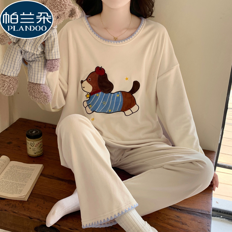 海岛绒睡衣女款秋冬季加厚珊瑚绒2025新款套头卡通小狗家居服套装