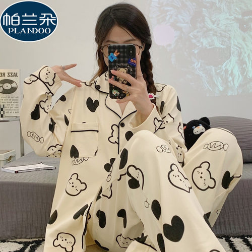 纯棉长袖睡衣女款春秋季卡通小熊