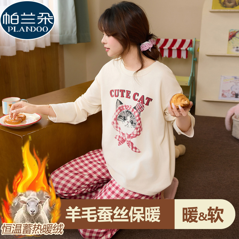 薄绒睡衣女款秋冬季加厚加绒德绒保暖羊绒长袖日系猫咪家居服套装