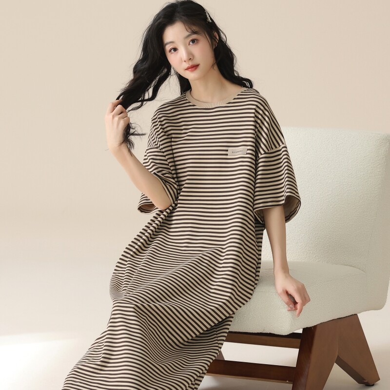 条纹睡裙女款夏季短袖纯棉中长款图片