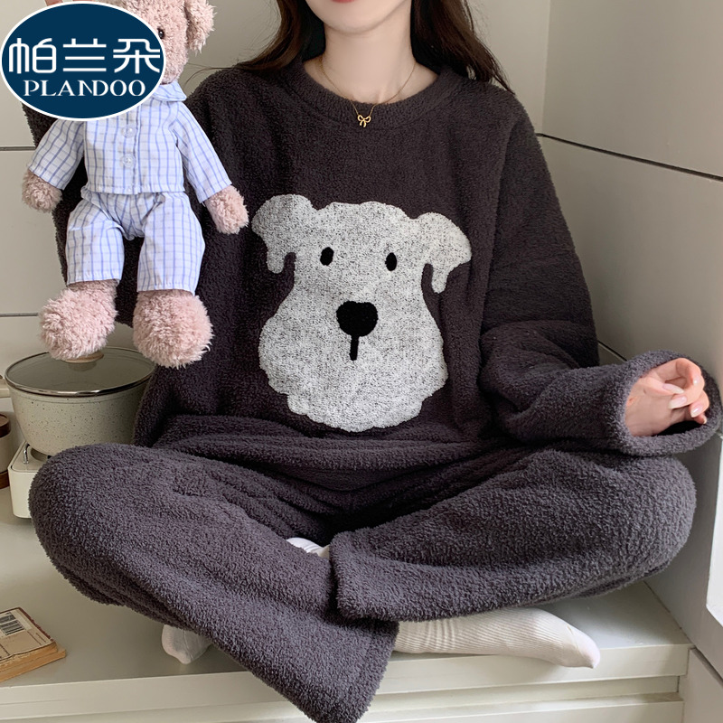 睡衣女2025新款冬季珊瑚绒加绒加厚半边绒长袖套头休闲家居服套装