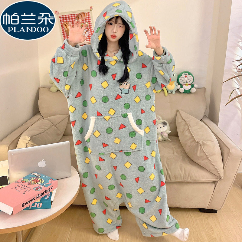 半边绒连帽连体哈衣睡衣女秋冬季