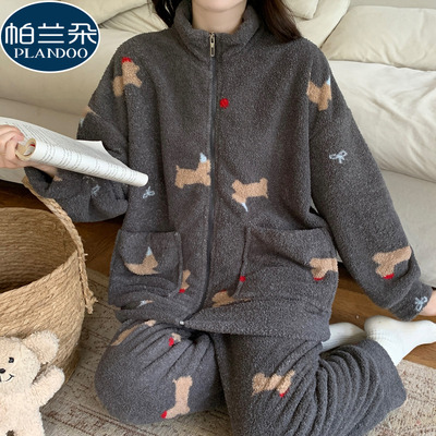 半边绒睡衣女款冬季2025新款可外穿加厚珊瑚绒拉链立领家居服套装