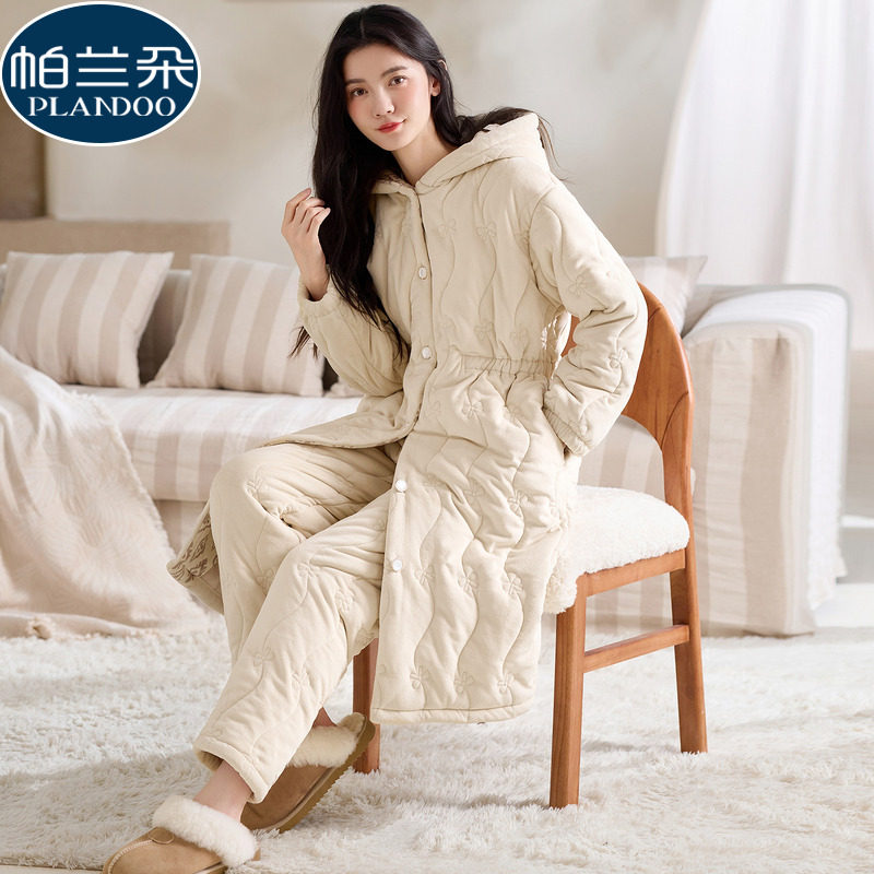 三层夹棉袄海岛绒睡衣女冬季加厚珊瑚绒可外穿连帽睡袍家居服套装
