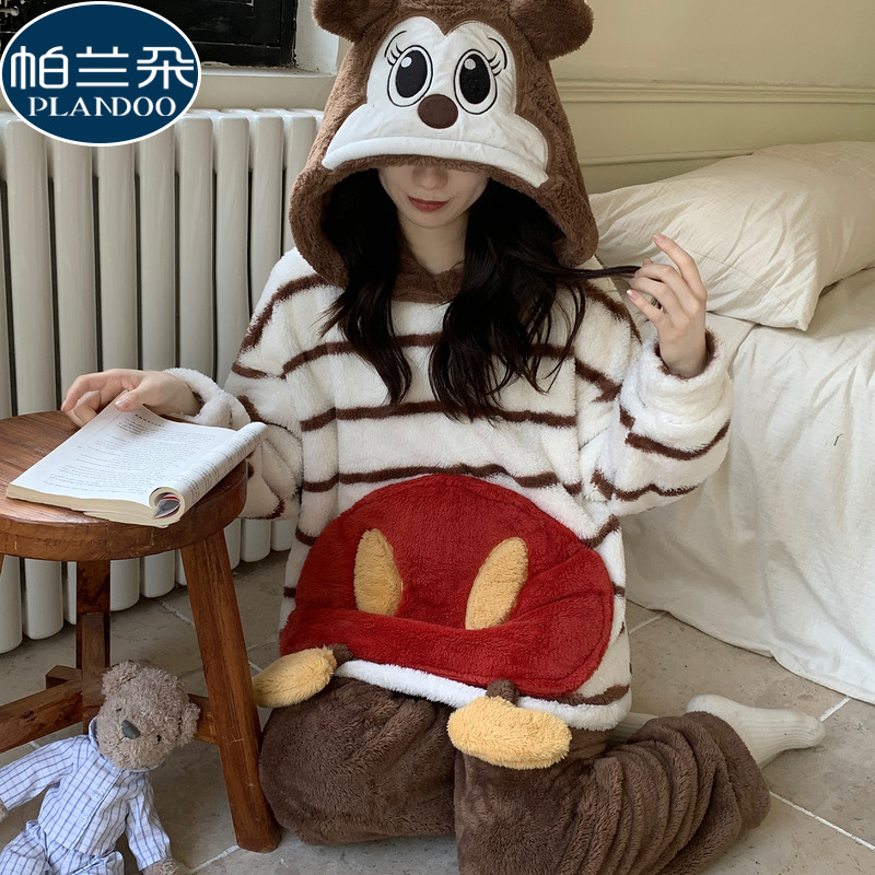 法兰绒睡衣女款秋冬季加厚2025新款珊瑚绒保暖连帽卡通可爱家居服