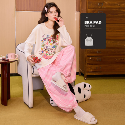 纯棉睡衣女款春秋季带胸垫可外穿可爱少女生长袖灯笼裤家居服套装