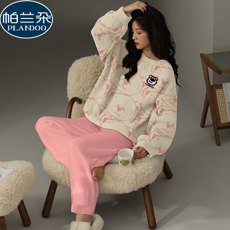 秋冬季睡衣女款半边绒加厚珊瑚绒