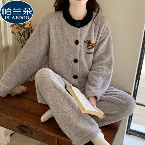 半边绒睡衣女款秋冬季加厚珊瑚绒2025新款开衫简约卡通家居服套装