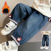 女宝宝束脚口裤 女童冬装 儿童秋冬季 加厚一体绒牛仔裤 加绒裤 子新款