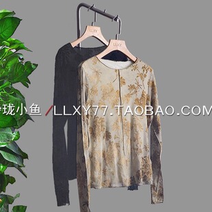 复古且神秘感小众设计师弹力网纱植绒复古印花洋气时髦贴身女上衣