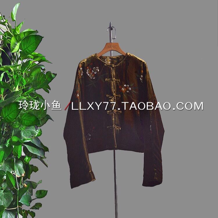 真丝丝绒手绘精美短外套冬季新款落肩袖蝉意东方盘扣棉开衫棉服女