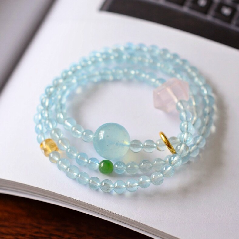 天然冰底海蓝宝手链项链女款粉晶好运原创设计多圈手串送生日礼物