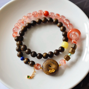 天然奇楠沉香手链女款原创设计南红玛瑙双圈手串招财平安扣送礼物