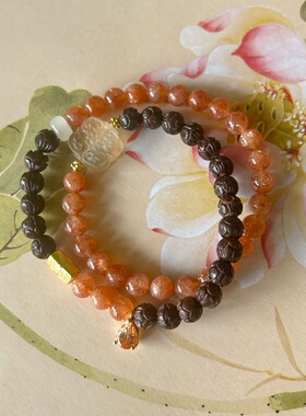 耀日 天然金太阳石手链女款原创设计小叶紫檀双圈手串招财转运珠