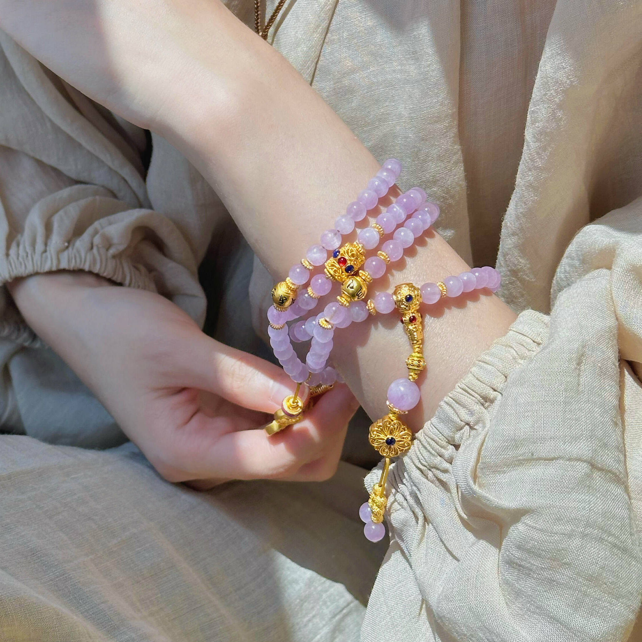 天然猫眼紫锂辉手链女款纯银鎏金108颗手串招财转运珠送生日礼物