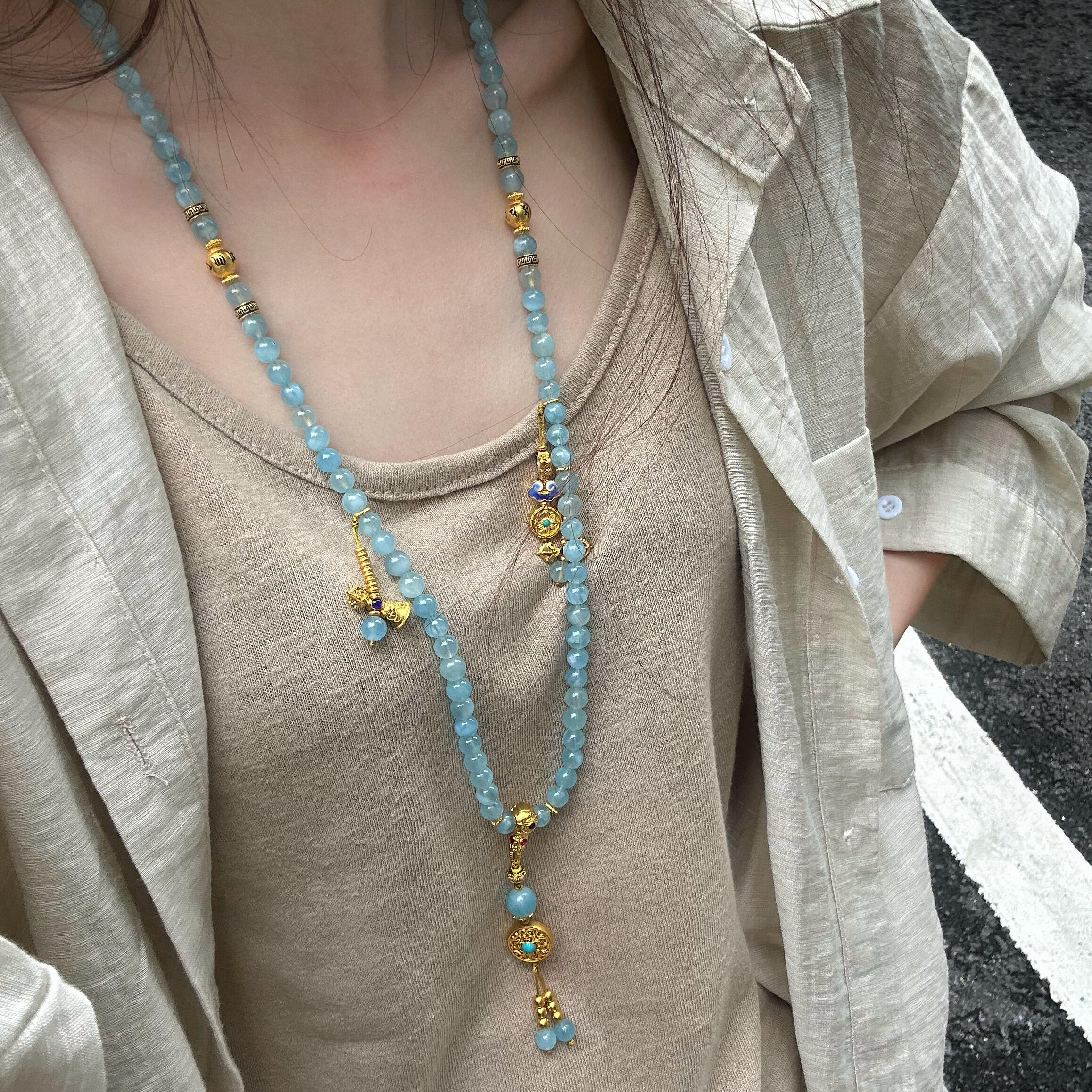 天然巴西海蓝宝手串108毛衣链女款纯银镀金多巴胺项链招财转运珠