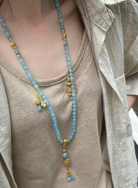 天然巴西海蓝宝手串108毛衣链女款纯银镀金多巴胺项链招财转运珠