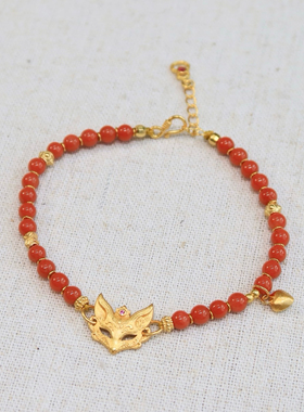 灵狐天然南红玛瑙手链女款纯银鎏金狐狸面具手串旺桃花人缘送证书