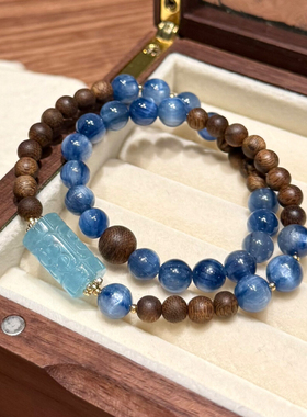 浣月 天然蓝晶石手链女款海蓝宝招财转运珠老山檀手串送生日礼物