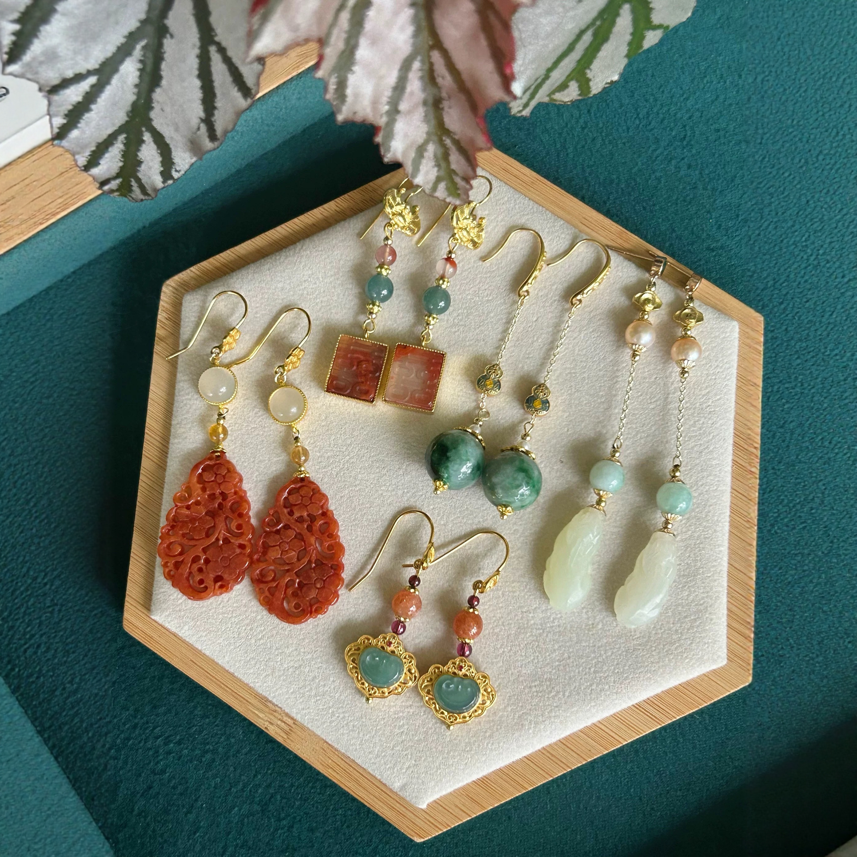 纯银天然和田玉耳坠女款时尚复古南红水晶耳环送礼物轻奢好运首饰